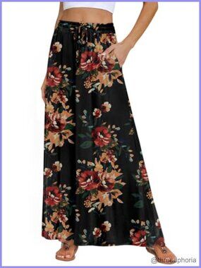 Womens Maxi Skirt Flowy Elastic High Waist Long Skirt with Pockets